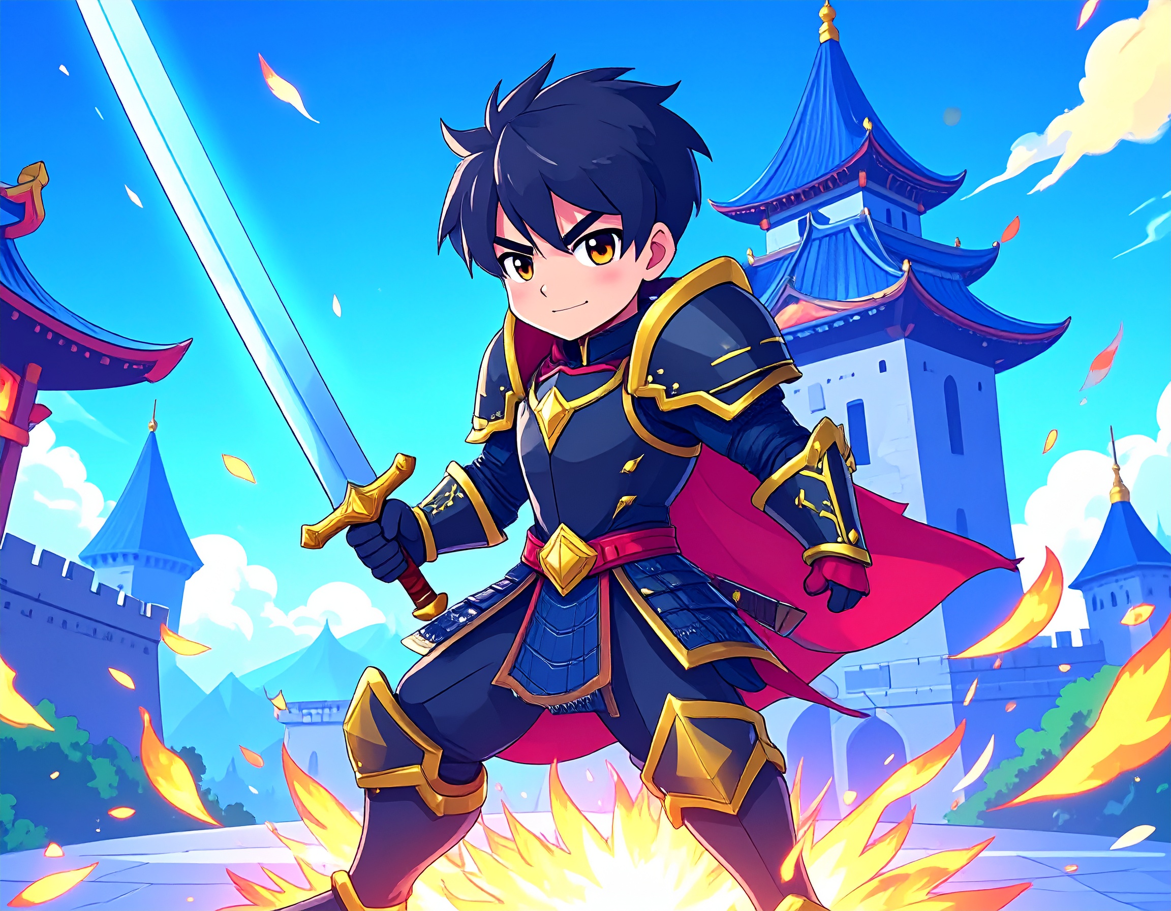 Finn, a brave Knight of the Eternal Flame in armor, Kai's loyal childhood friend and battle companion